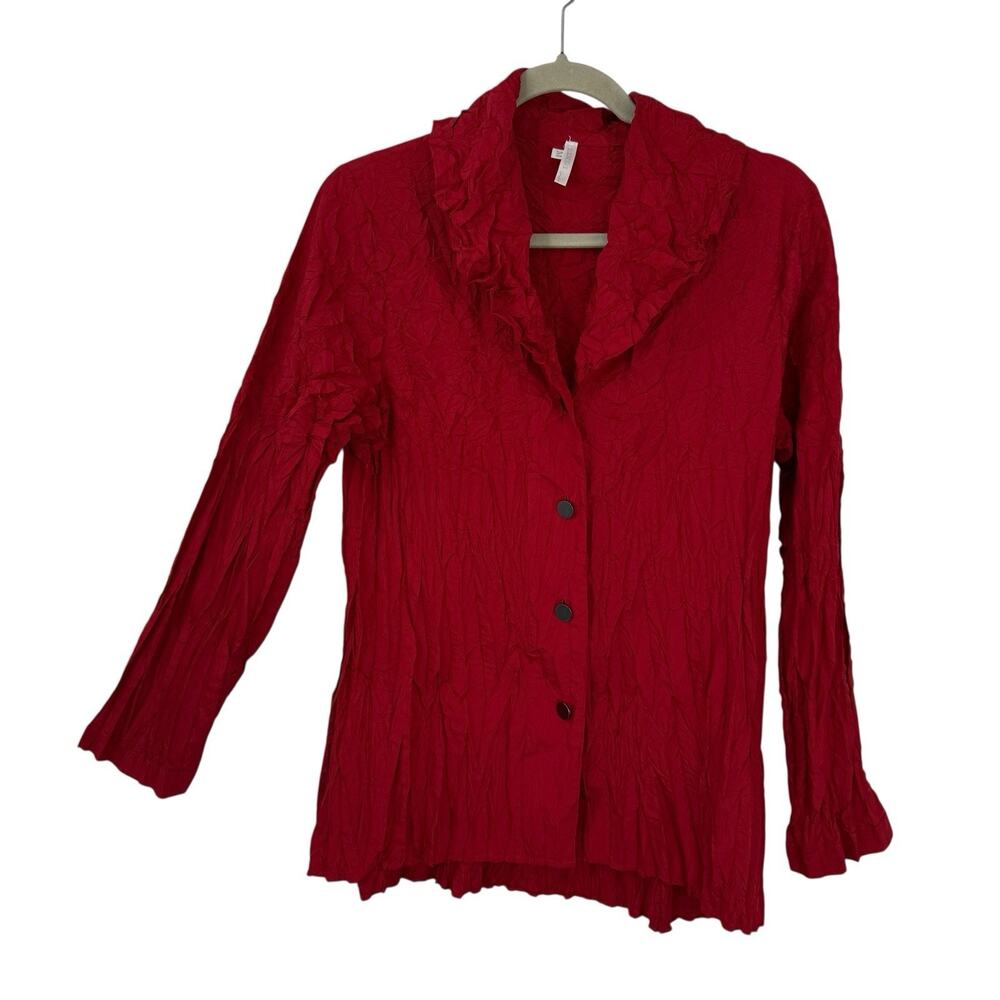 LINDI Red Crinkle Button Up Topper Tunic Size Small Puff Collar Jacket Lagenlook